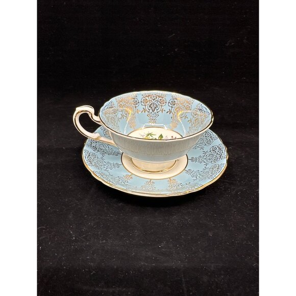 Paragon Fine Bone China Cup & Saucer Set Pink Cabbage Rose Floral Blue Gold Trim - Picture 1 of 7